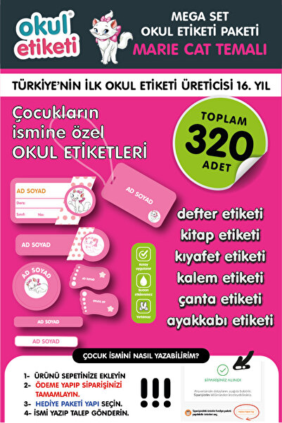 OKUL ETİKETİ BASKI MEGA MARIE CAT TEMALI PAKET İSME ÖZEL OKUL ETİKETİ / STICK...