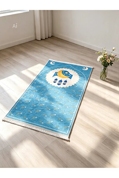 Dekoratif Dijital Baskılı Beyaz Kaymaz Taban Seccade Namazlık 75x120