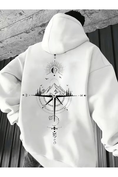 one button Compass printed premium oversize 3 thread soft hooded sweatshirt h...