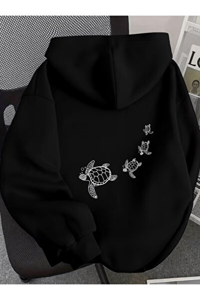one button Cute turtle print premium oversized 3-thread soft hooded sweatshirt