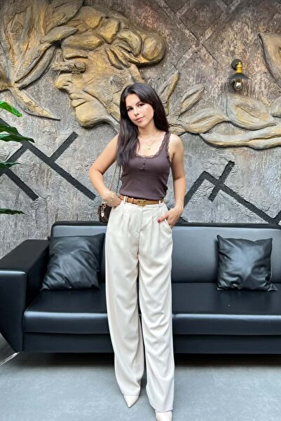 sunfyre Women's Gold Buttoned Wide Leg Fabric Trousers with Elastic Waist at ...
