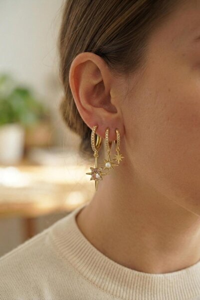 BUTİK AYVİTRİN Set of 3 Earrings Gold Color Pole Star Model