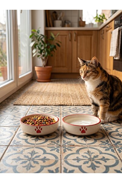 ARKHERA 2'li Set Seramik Kedi Ve Köpek Mama , Su Kabı (15Cm - 400 Ml)