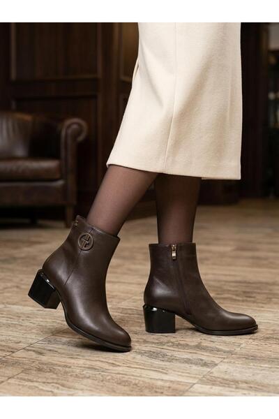 Venüs 1853214K Women's Genuine Leather Buckle Thick Heel Pointed Toe Short Zi...