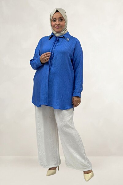 Eslina 68088 Plus Size Double Tensel Tunic with Collar Accessory Detail - Indigo