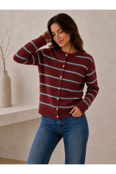 CuteLovesa Crew Neck Gold Button Detailed Striped Trendy Basic Women's Knitte...