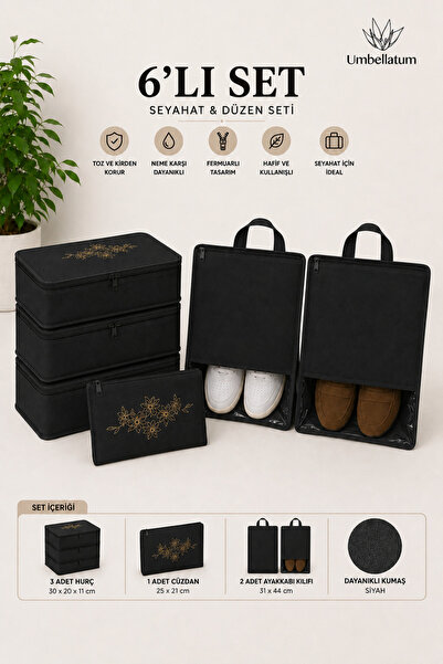 umbellatum 6-Piece Suitcase Organizer Travel Set – Storage Bag and Shoe Cover