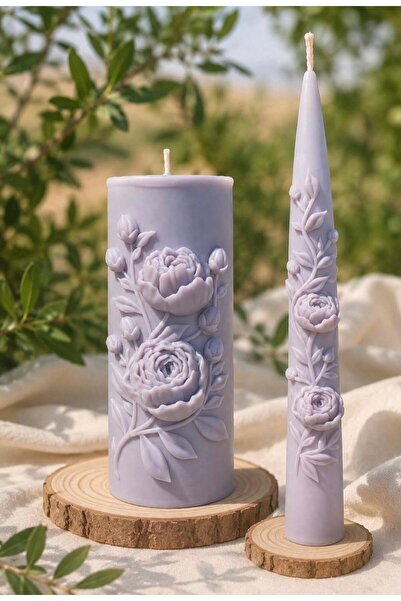 SCA CANDLE Dekoratif Mum Şamdanlık mum çiçek desenli 2 kili şamdan Lila Renk