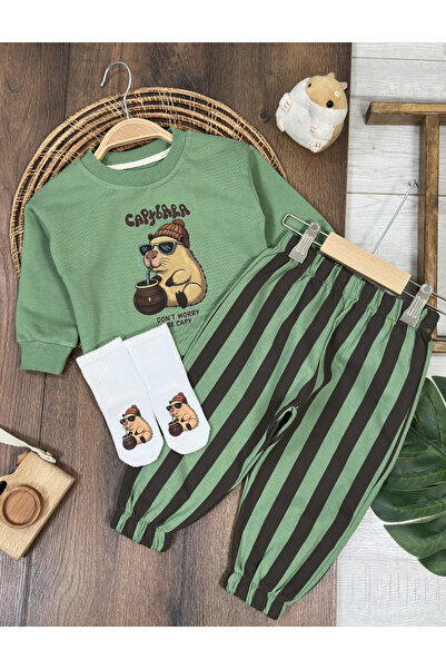 Bolly Baby Striped Pants Capibara Printed Sweatshirt with Socks Seasonal 3-Pi...