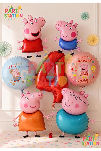 Parti Station Peppa Pig & George Themed 4 Years Old - 7 Piece Foil Balloon Se...