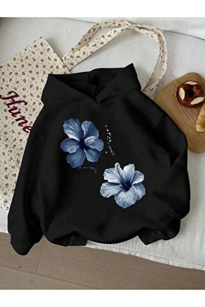 LELVANİ KADIN MAVİ İKİLİ ÇİÇEK ÖN BASKILI KAPÜŞONLU SWEATSHIRT