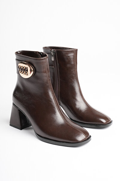 Griffa Shoes Women's Gold Buckle Detailed Thick Heeled Bitter Brown Boots & B...