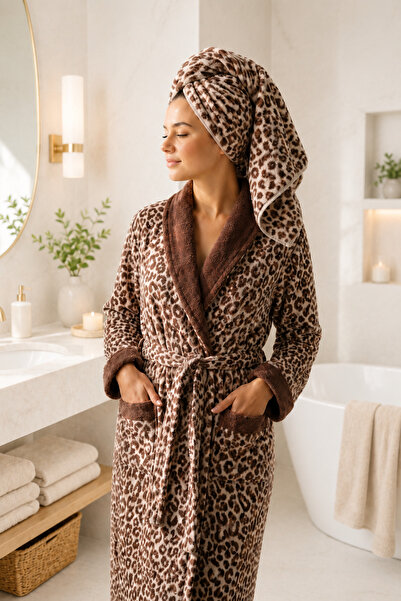 kennylake selection 2'li Leopar Desenli Bornoz Seti (1 Adet Bornoz, 1 Adet El...