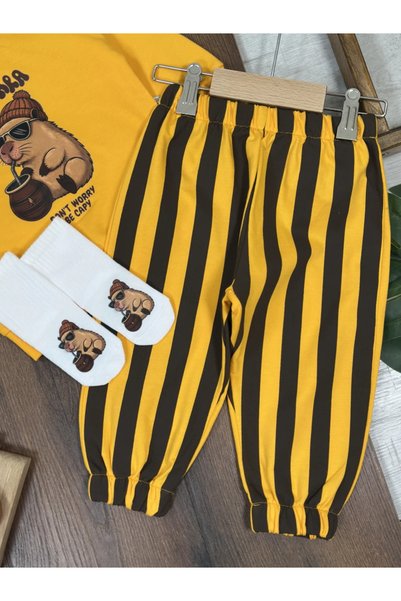 Bolly Baby Striped Pants Capibara Printed Sweatshirt with Socks Seasonal 3-Piece Baby Boy/Child Set