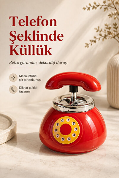 KaktüsKedi Nostaljik Telefon Tasarımlı Kokusuz Seramik Basmalı Küllük - Dekoratif Kül Tablası