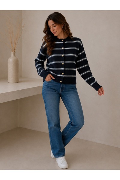 CuteLovesa Crew Neck Gold Button Detailed Striped Trendy Basic Women's Knitte...