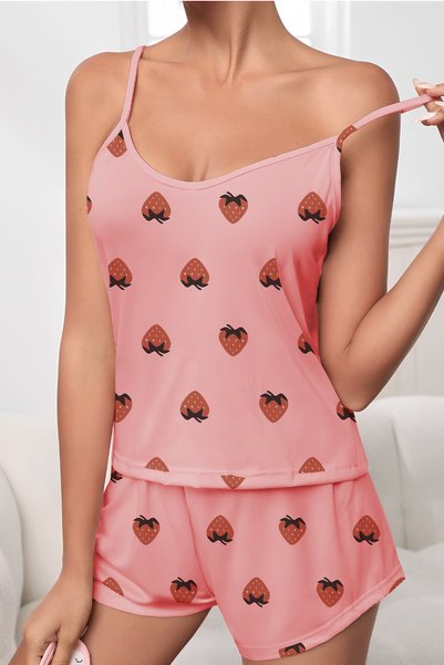 NAZMİRA Women's Strappy Mini Shorts Pajama Set with Strawberry Pattern