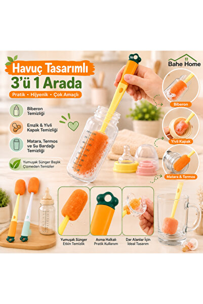 bahe home Havuç Tasarımlı 3’lü Biberon Temizleme Fırçası Seti Emzik Suluk Ter...
