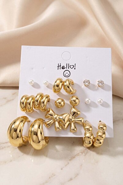 Inure Jewelry Gold Color Metallic Coated Bow Detailed Ccb 9 Pair Earring Set