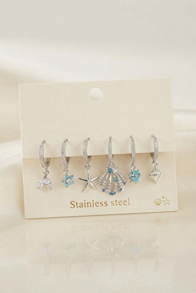 Inure Jewelry 316L Steel Silver Color Sea Shell Concept Women's Earring Set
