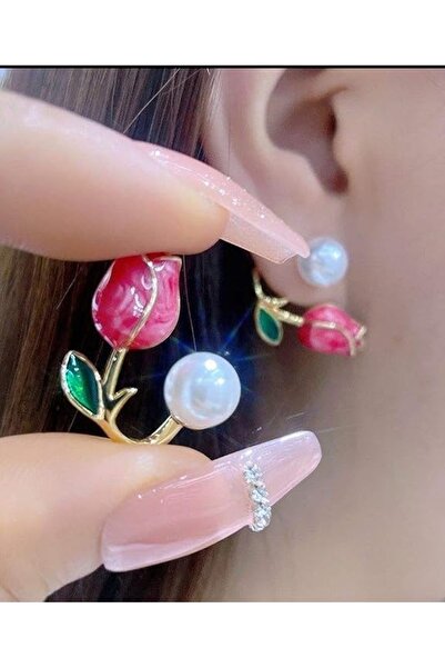 Glamluxe Women's Gold Color Pearl and Red Tulip Figured Enamel Ear Jacket Ear...
