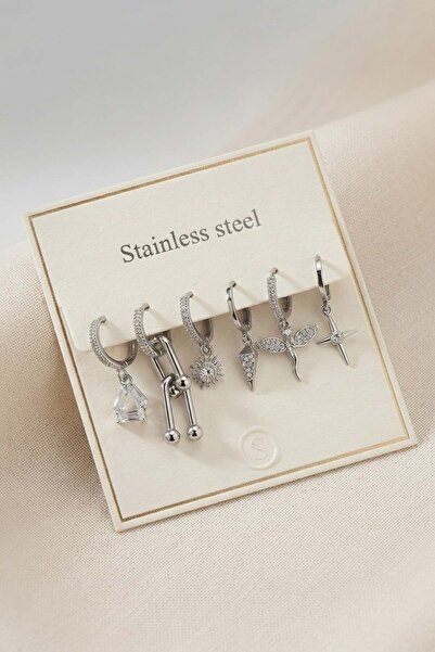 Inure Jewelry 316L Steel Silver Color Tiffany Detailed Women's Earring Set