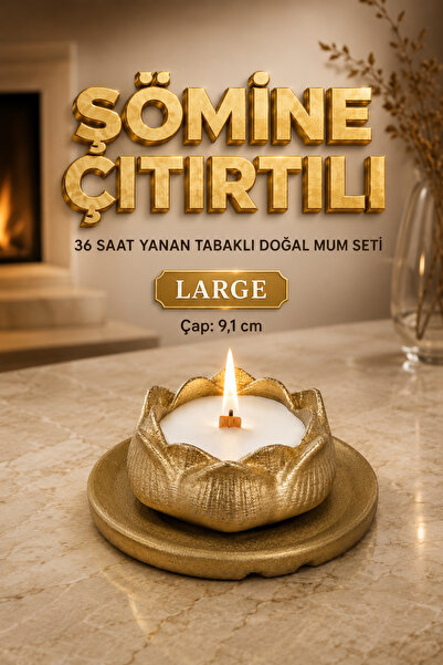 Madetoll Large Lotus Gold Tabaklı Dekoratif Mumluk Seti – Ahşap Fitilli Şömin...