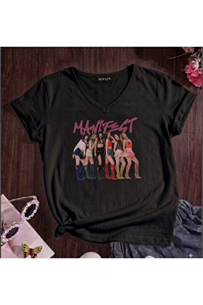 NOFLEN Manifest Pink V-Neck Design T-Shirt