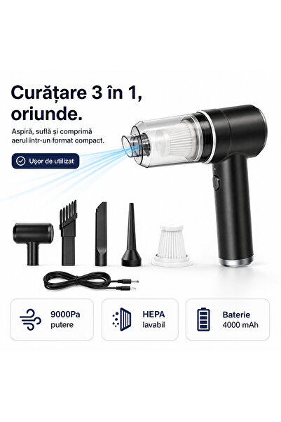 iTin Aspirator auto portabil 3 in 1, 9000Pa, aspirare suflare compresie, HEPA...