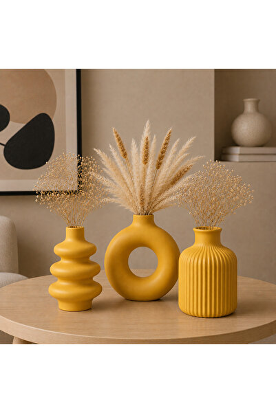 Family Studio 3’lü İskandinav Tarzı Dekoratif Vazo Seti – Modern Bohem Pampas...