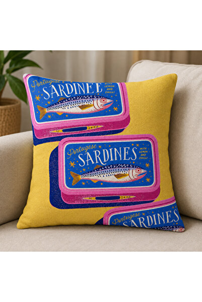 Piloji Sardine Canned Food Patterned Throw Pillow Cover – Fish Themed Decorat...