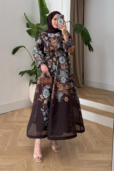 Rimel Moda Luna Çiçekli Elbise Kahverengi