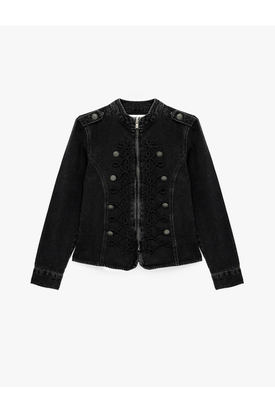 Koton Napolyon Kapama Düğme Detaylı Dik Yaka Uzun Kollu Denim Military Ceket
