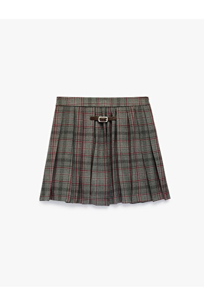 Koton Accessory Belt Detailed Thick Pleated Plaid Mini Skirt