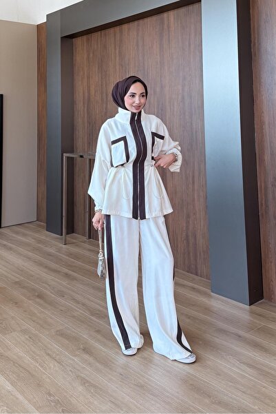 Rimel Moda Şeritli Takım Ekru