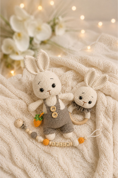 Zey's Amigurumi Amigurumi Havuçlu Set Uyku Arkadaşı Çıngırak Emzik Zinciri 3L...