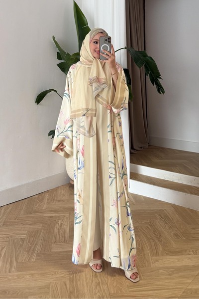 Rimel Moda Desenli Abaya Sarı