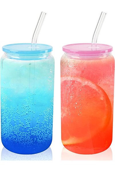 SYOSI 16oz Can Shaped Glass Cups with Acrylic Lids and Glass Straws Reusable ...