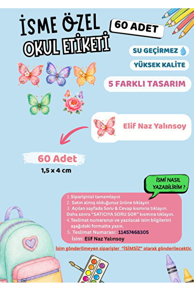 VORACRAFT İsme Özel Okul Etiketi Kelebek 60 Adet Yüksek Kalite Su Geçirmez İs...