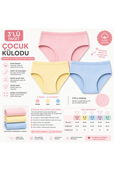 3’lü Pamuklu Fitilli Çocuk Külot – 2-12 YAŞ