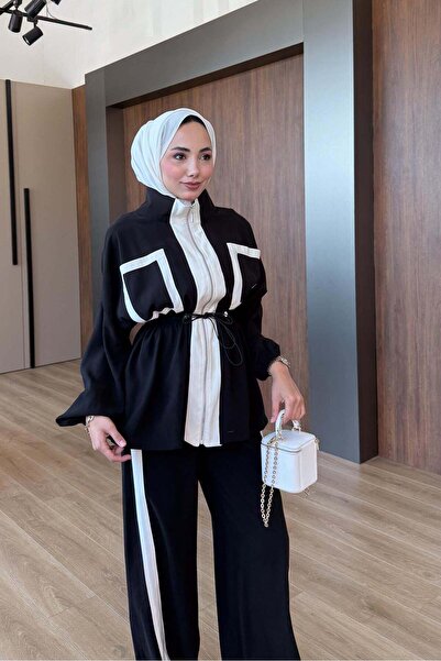 Rimel Moda Şeritli Takım Siyah