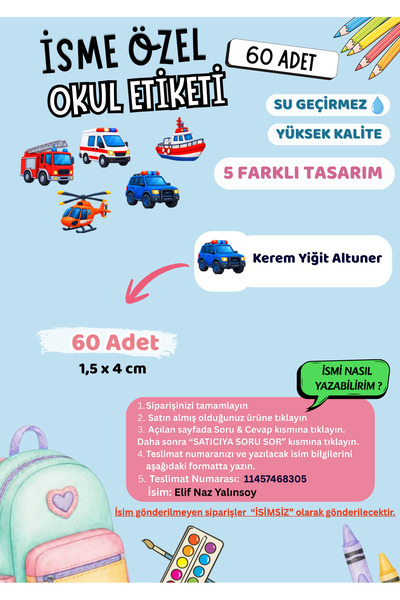 VORACRAFT İsme Özel Okul Etiketi İtfaiye, Ambulans 60 Adet Yüksek Kalite Su G...