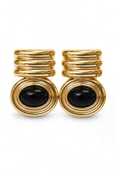 Jack Ferrero Yellow Toned Black Oval Stone Detailed Stylish Bijouterie Earrings