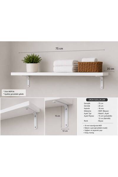 özçamlar mobilya beyaz ayaklı mdf duvar rafı 75x20