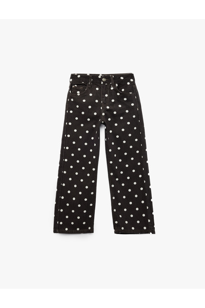 Koton Pocket Detailed Loose Fit Cotton Polka Dot Wide Leg Denim Trousers