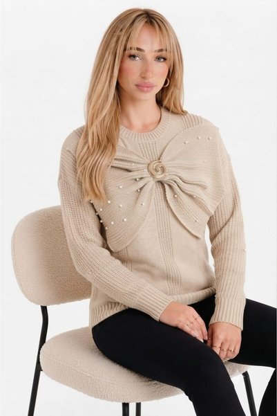 ZERELLE COLLECTİON Women's Knitwear Sweater with Crew Neck, Bow Front, Pearl Detail, Buckle, Stylish, Winter Wear