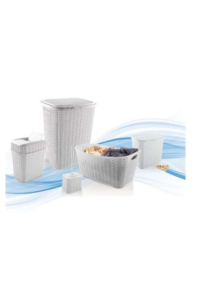 Generic Brand Set de baie din plastic cu model tricotat, 5 piese, coș de rufe...