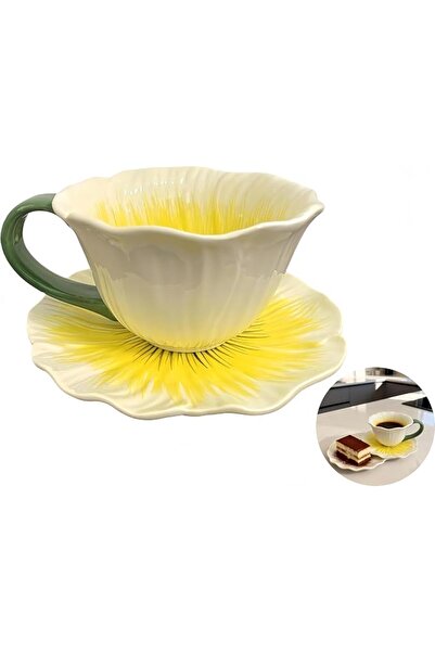 GENERAL Handmade Ceramic Coffee Cup Set with Saucer, Flower Design, Perfect a...