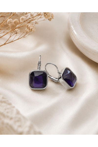 Archhazel Jewelery Navy Blue Stone Square Dangle Silver Steel Earrings