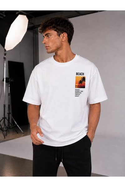 khufu White Crew Neck Oversize Fit Cotton Beach Printed Relaxed Cut Unisex T-Shirt